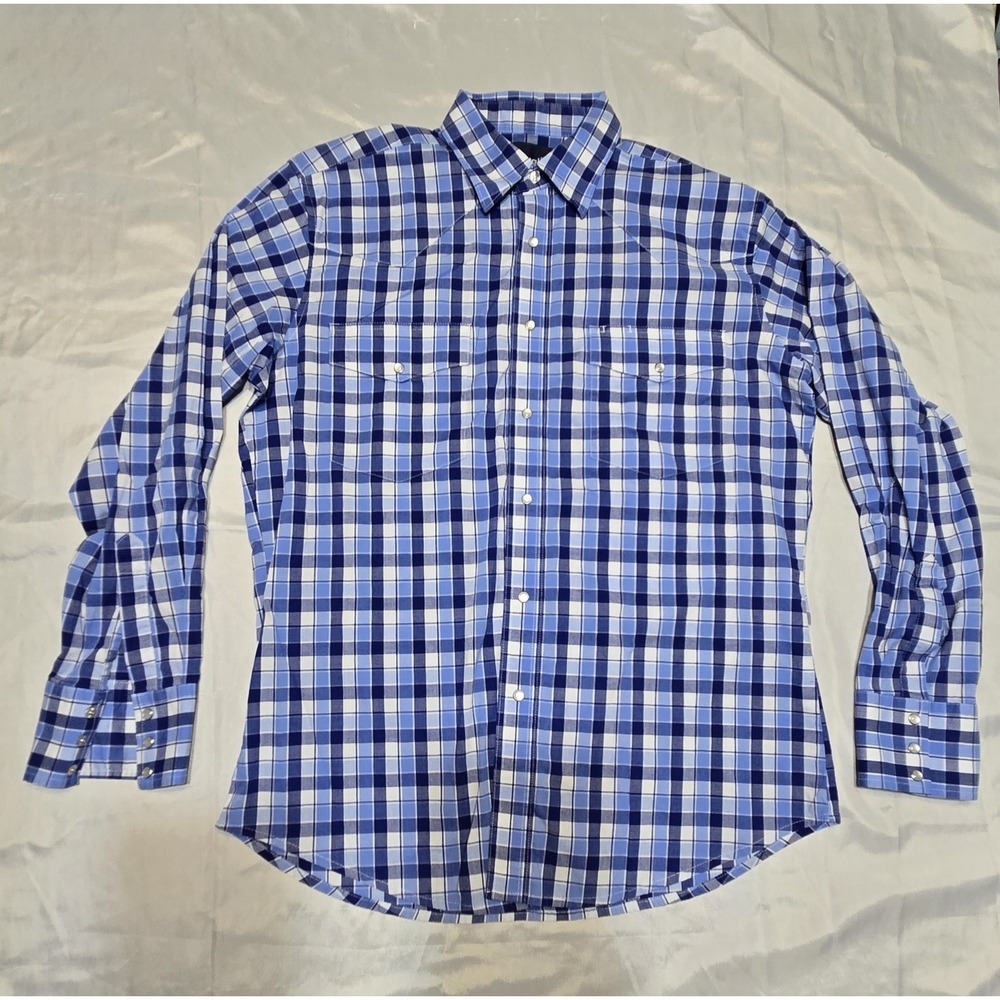 Wrangler Mens Large Pearl Snap Up Dress Shirt Blue Plaid Checker Western